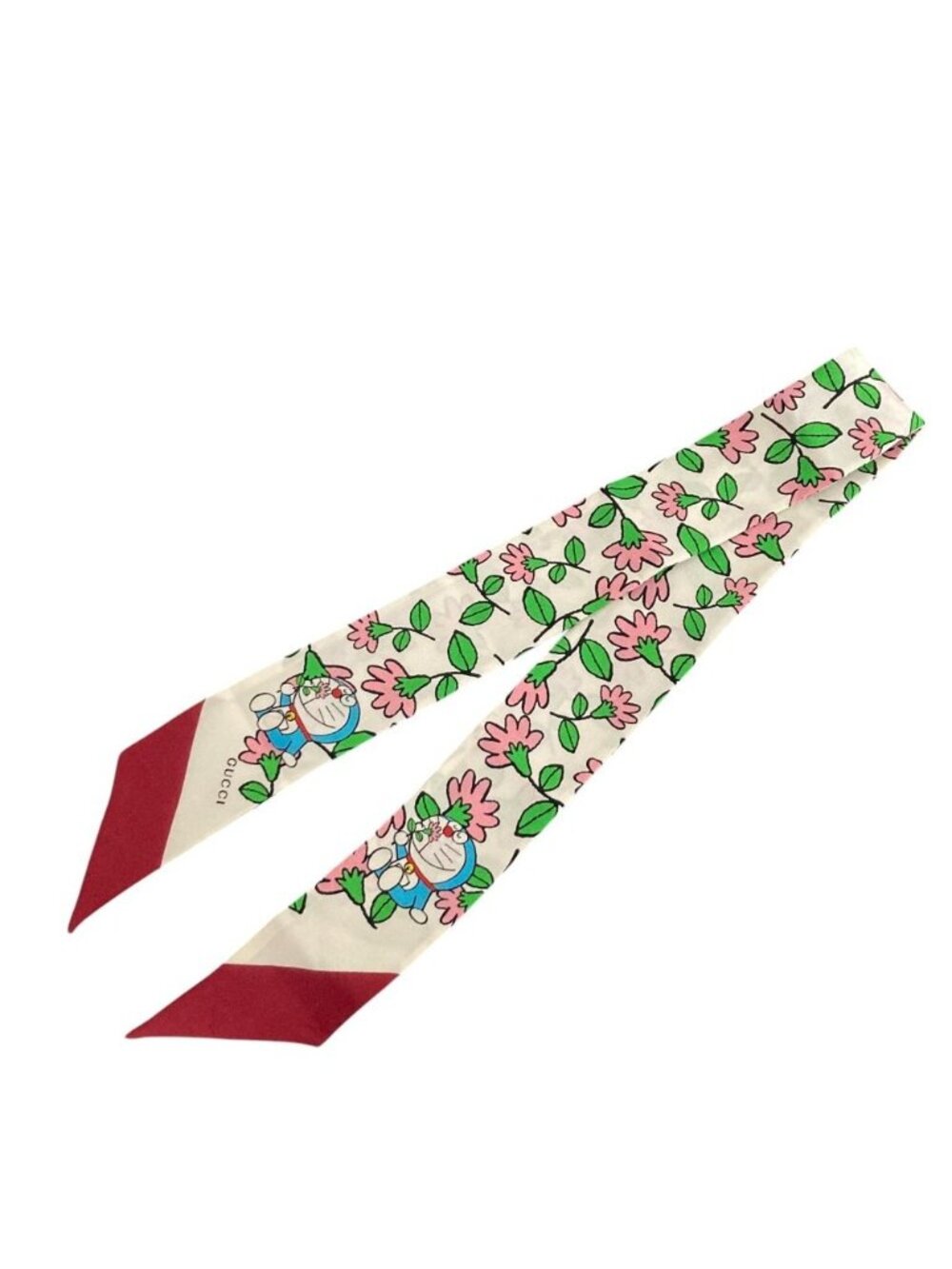 Gucci Doraemon Silk Flower Print Neck Bow Scarf White Multicolor